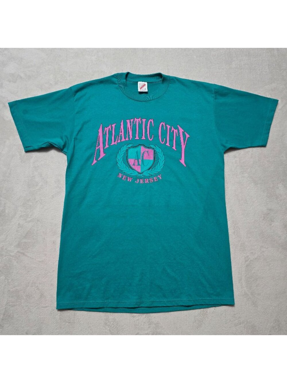 VTG Jerzees Atlantic City New Jersey Retro Teal Graphic T-Shirt Large USA Made